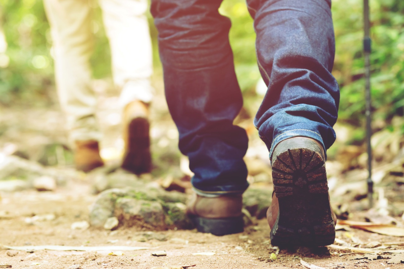 Wandelschoenen op een bospad in de herfst
